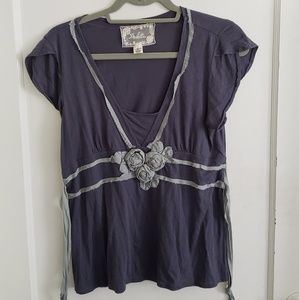 M Grey-Blue Delleta Blouse With Knotted Flowers